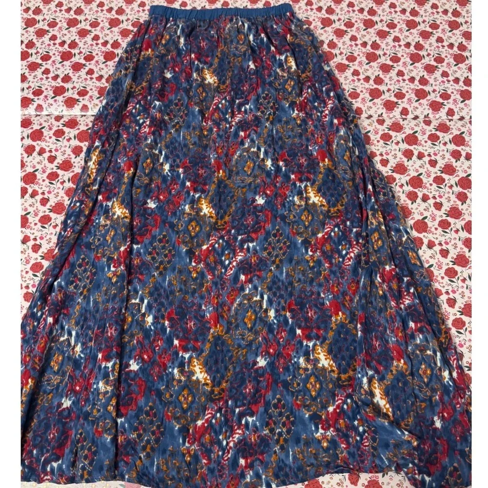 Angie Boho Blue Red Abstract Ikat‎ Medallion Rayon Maxi Skirt Womens Small v2